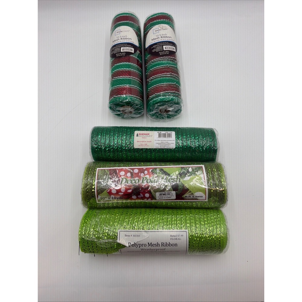 Lot of 5 Christmas Deco Mesh Ribbon Rolls Red Green Lime 10in x 10yd Mainstays